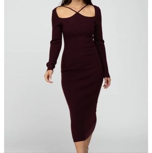 Pinkblush Plum Ribbed Strap Front Cutout Long Sleeve Maternity Midi Dress Large